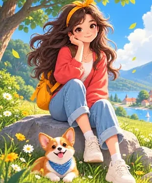Original illustration of a girl and corgi
