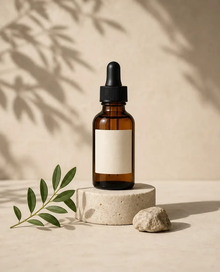 Original bottle, leaf and stone product photo