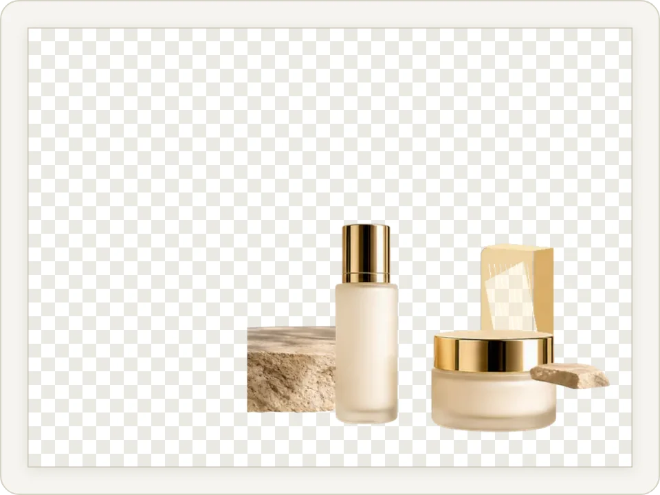 A product layer exported at canvas size: the bottle and jar sit in the lower right of a 1200 by 900 transparent PNG