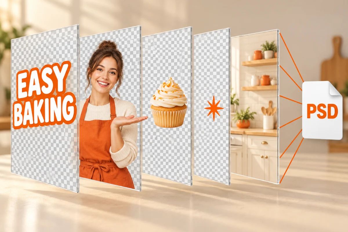 Illustration: a baking video thumbnail split into five layers, the EASY BAKING headline, the presenter, the cupcake, a star accent and the kitchen background, combined into one layered PSD file