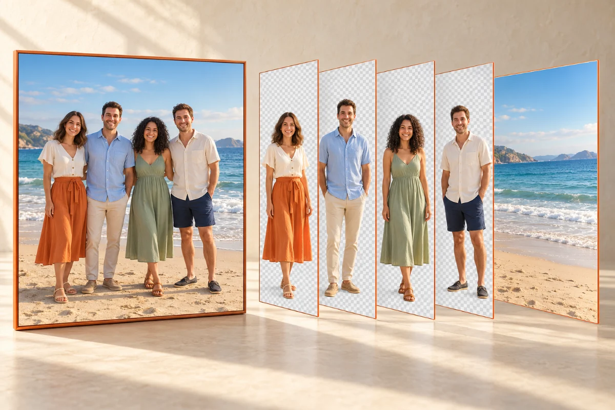 Illustration: a beach photo of four friends split into five layers, one for each person and one for the beach with everyone removed and the background filled in