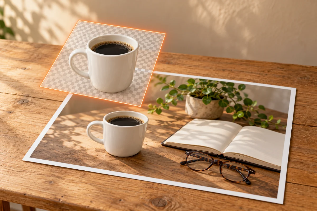 Illustration: only the coffee mug lifted out of a desk photo as a single transparent layer, while the rest of the photo stays as it is