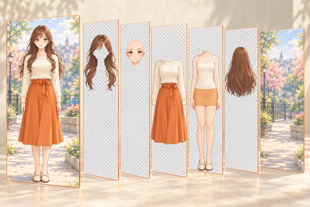 Illustration: an anime-style character split into layers for animation: front hair, face, outfit, body, back hair and the empty park background