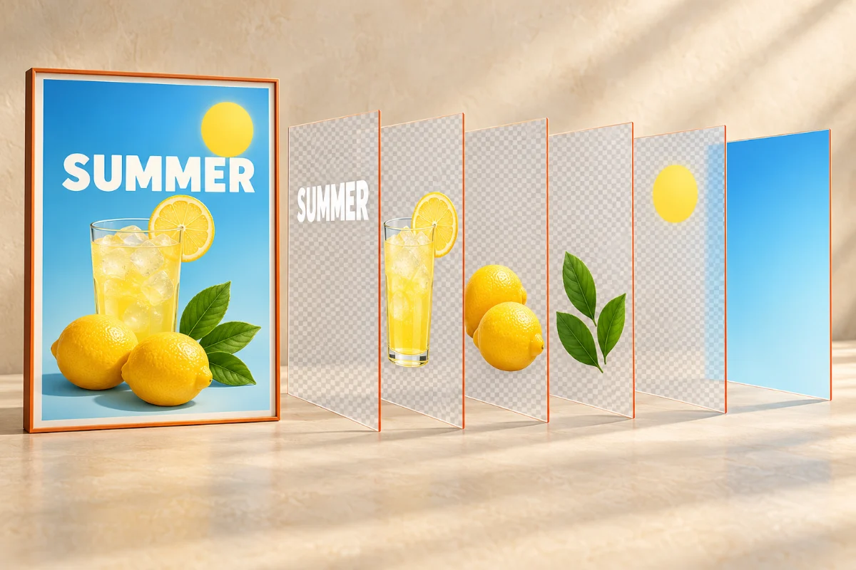 Illustration: a summer lemonade poster split into six layers: the SUMMER headline, the glass, the lemons, the leaves, the sun and the rebuilt blue background