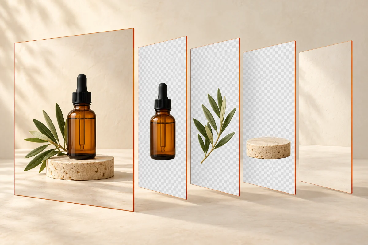 Illustration: a skincare product photo split into four layers: the dropper bottle, the olive branch, the stone pedestal and the rebuilt background