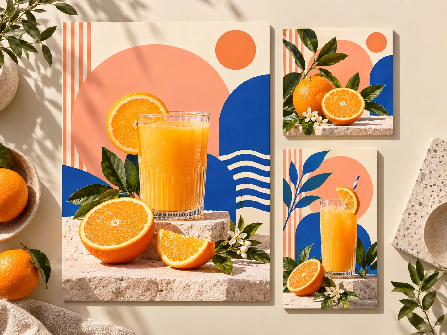 Orange beverage poster with colorful geometric decorations
