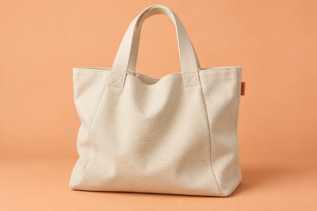 Illustration: natural canvas tote on an apricot campaign background