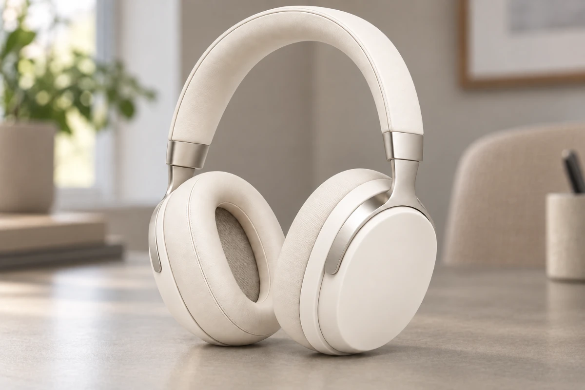 Workflow illustration: the same ivory headphones in a home-office setting