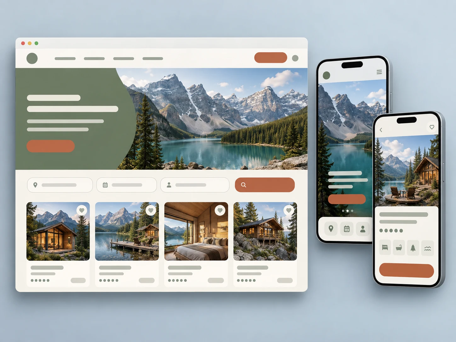 Travel website frame and mobile layouts with mountain photography