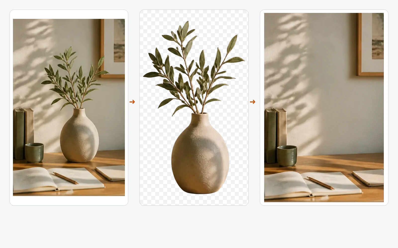 Desk scene separated into subject, shadow, and reconstructed hidden background layers