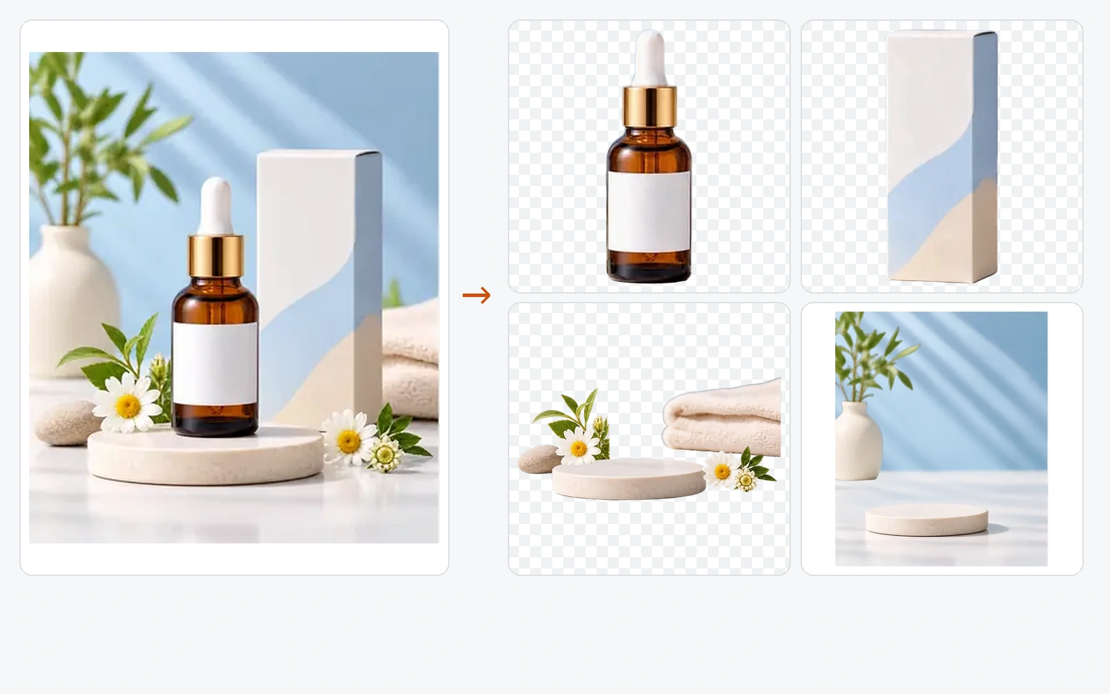 E-commerce product image separated into editable item, packaging, prop, shadow, and rebuilt background layers