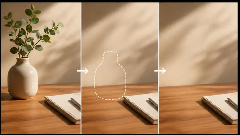 AI reconstructs hidden background areas while separating foreground, shadow, and background layers.