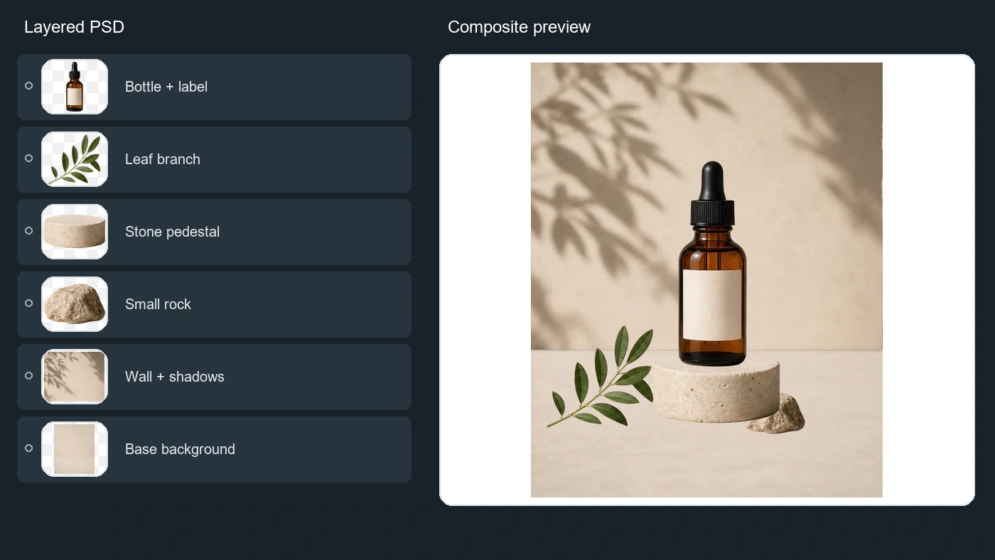 Export editable layers as PSD, ZIP, or transparent PNG