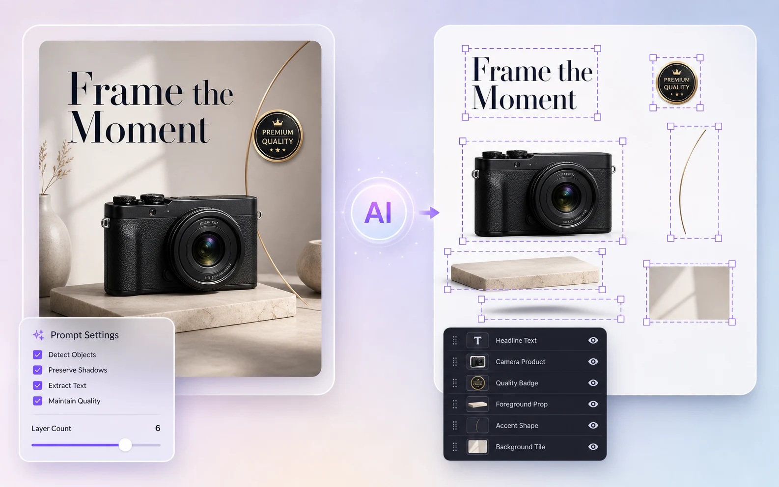 Before and after view of a JPG converted into PSD layers
