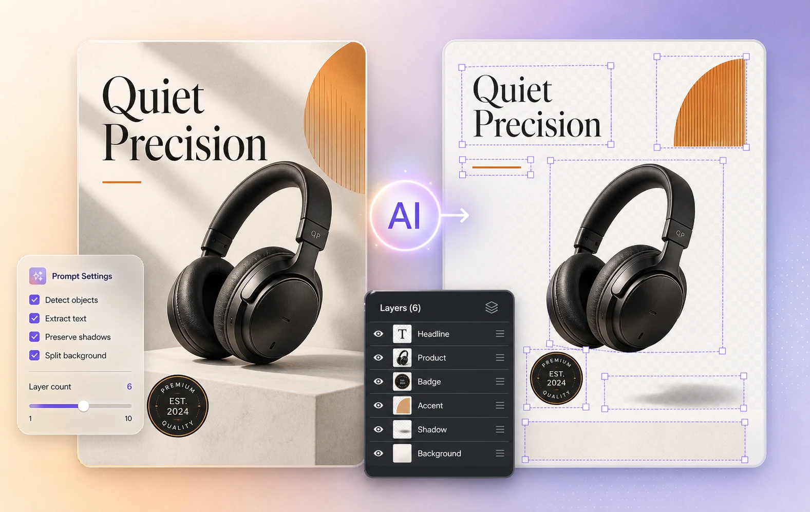 Product photo converted into separated PSD-style layers