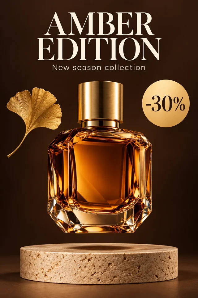 琥珀色香水海報,含 AMBER EDITION 標題、金色 -30% 標籤、銀杏葉和洞石展臺