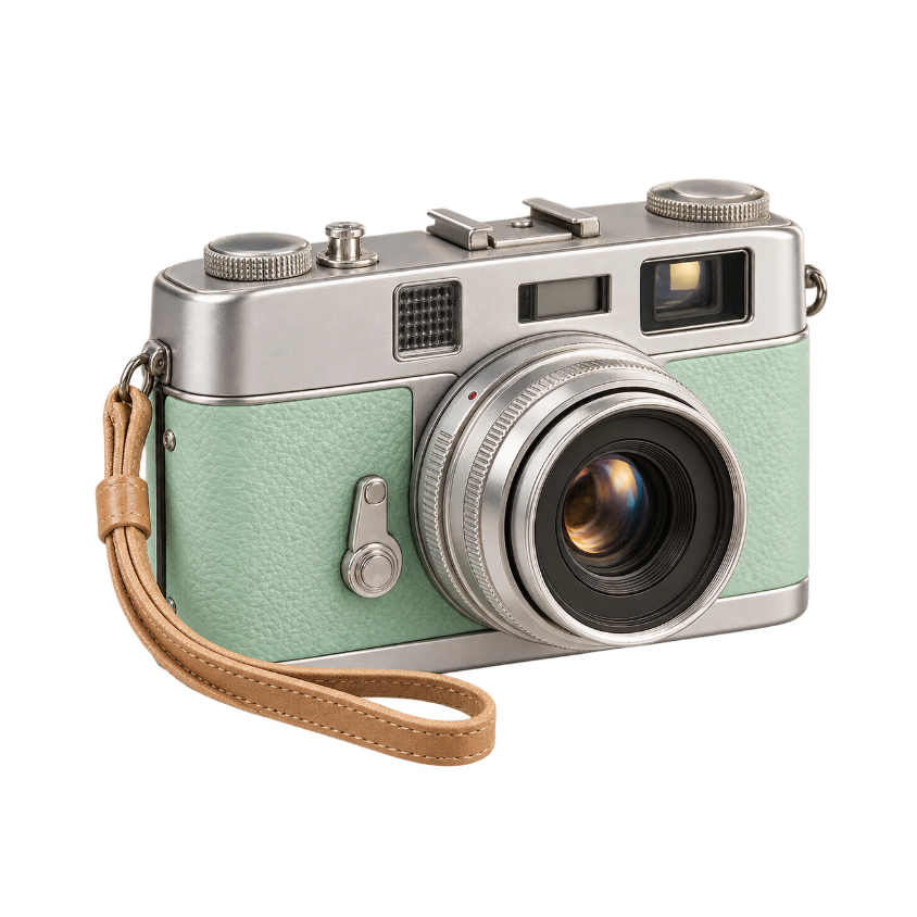 Travel camera with a white sticker outline