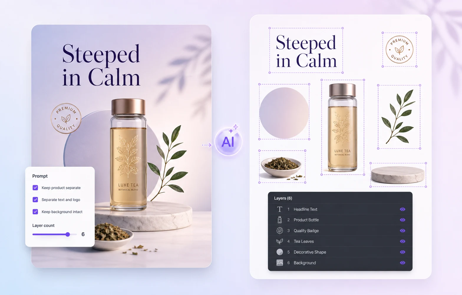 Before and after view of a PNG converted into PSD layers
