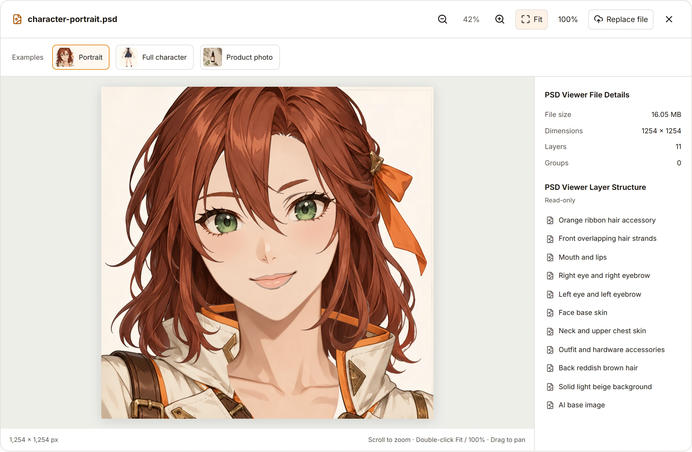 Actual PSD viewer: the saved portrait document is 1,254 × 1,254 pixels with 11 raster layers.