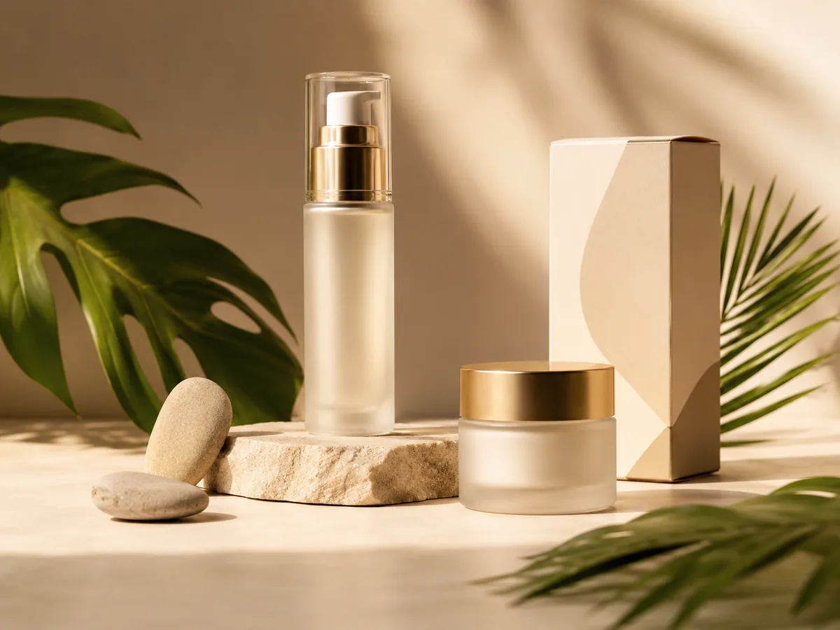 Original Image: Pump bottle · Cream jar · Product box · Stone props · Rebuilt Background