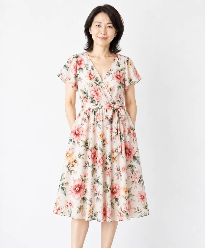 Woman in a black top and trousers changed into a floral summer dress