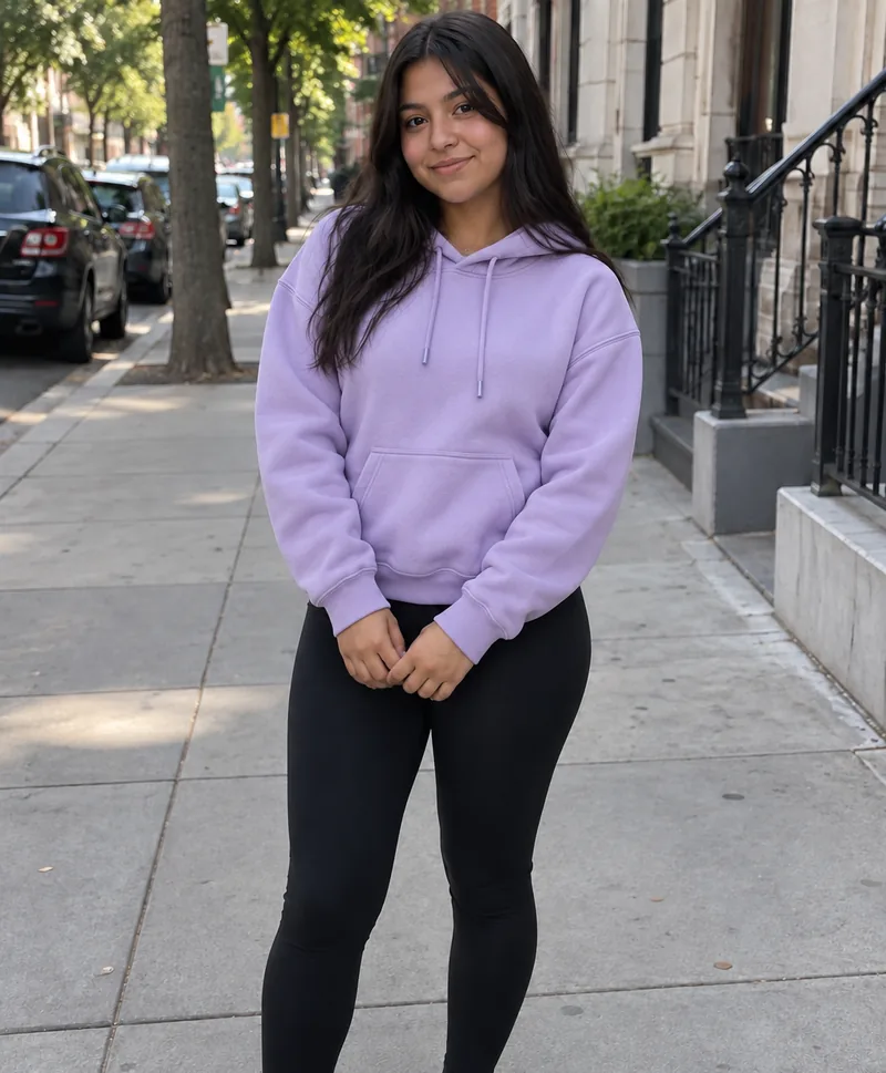 Girl on a sidewalk wearing a lavender hoodie added by AI