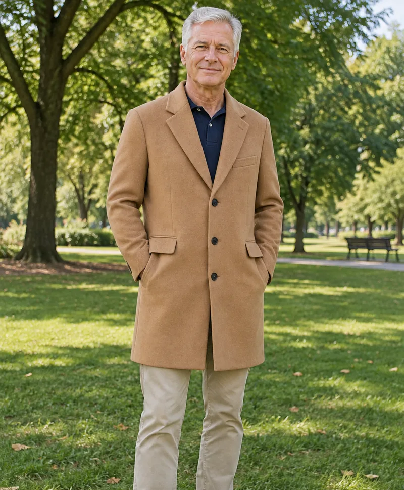 Older man in a park wearing a camel overcoat from a product photo