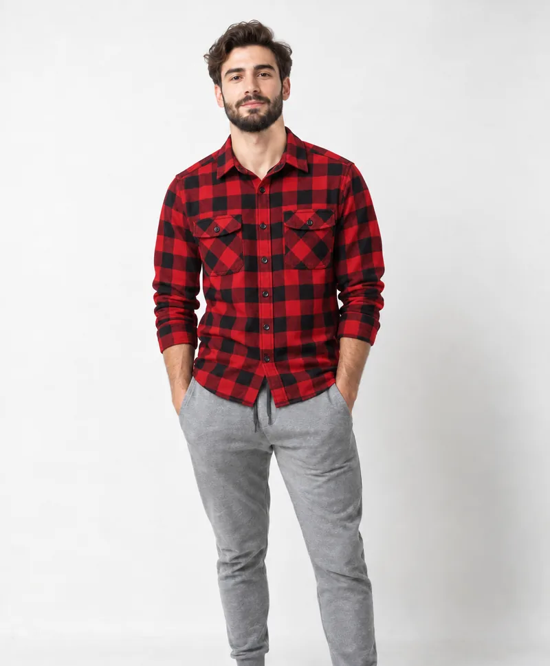 Man in a studio changed into a red and black flannel shirt
