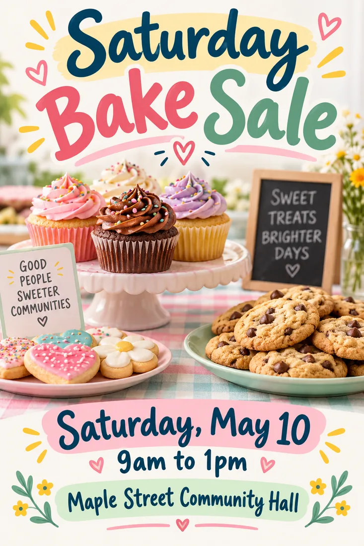 AI flyer generator example: Saturday Bake Sale flyer with cupcakes