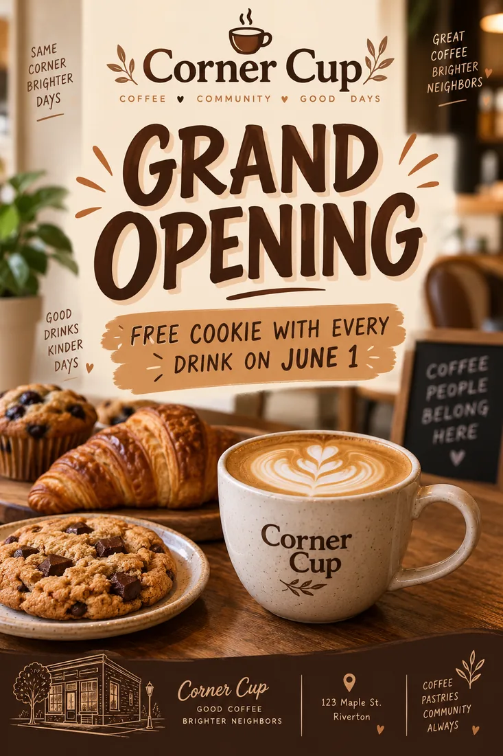 AI flyer maker example: Corner Cup coffee shop grand opening flyer