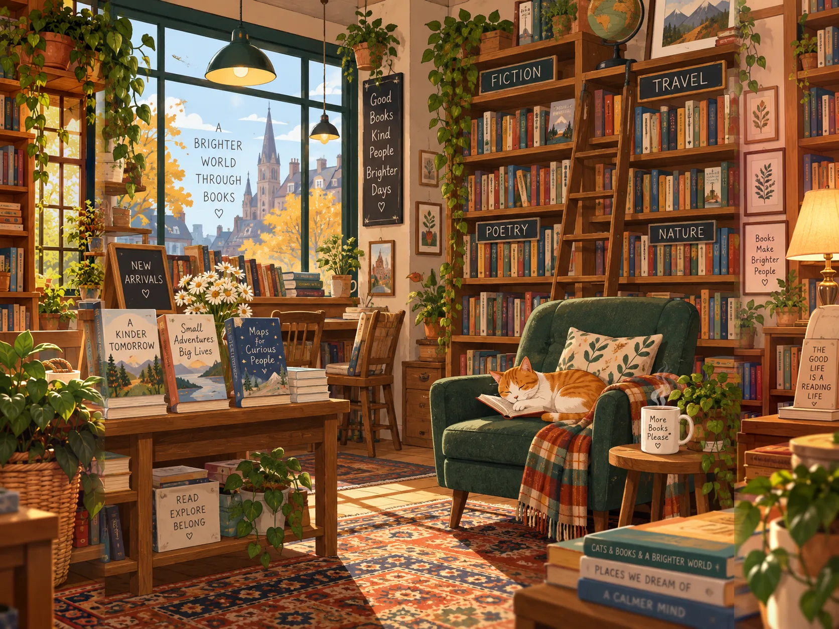 Illustrated bookshop extended on both sides in the same style