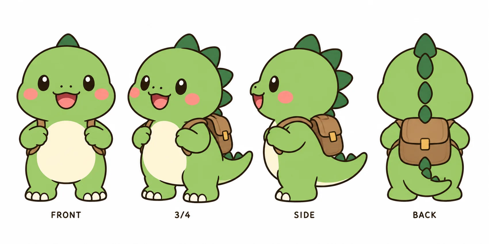 Chibi dinosaur mascot turnaround sheet