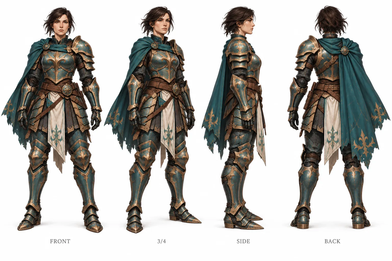 Fantasy knight character turnaround sheet with four views