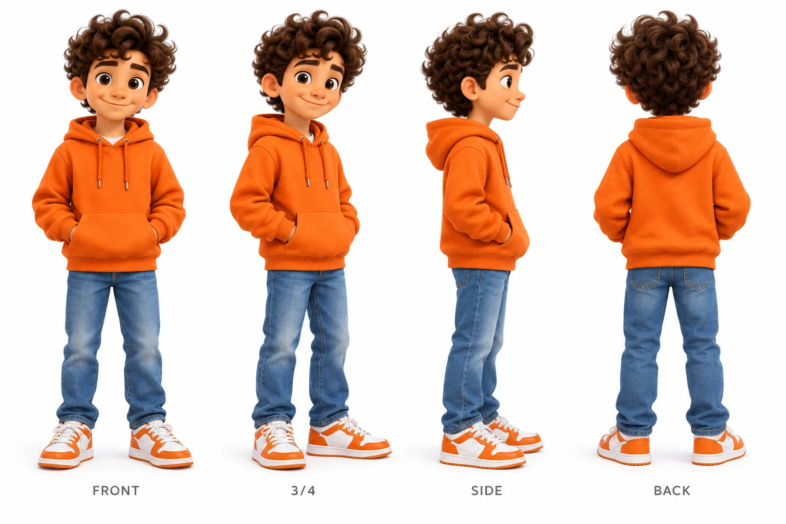 3D cartoon boy character reference sheet in an orange hoodie