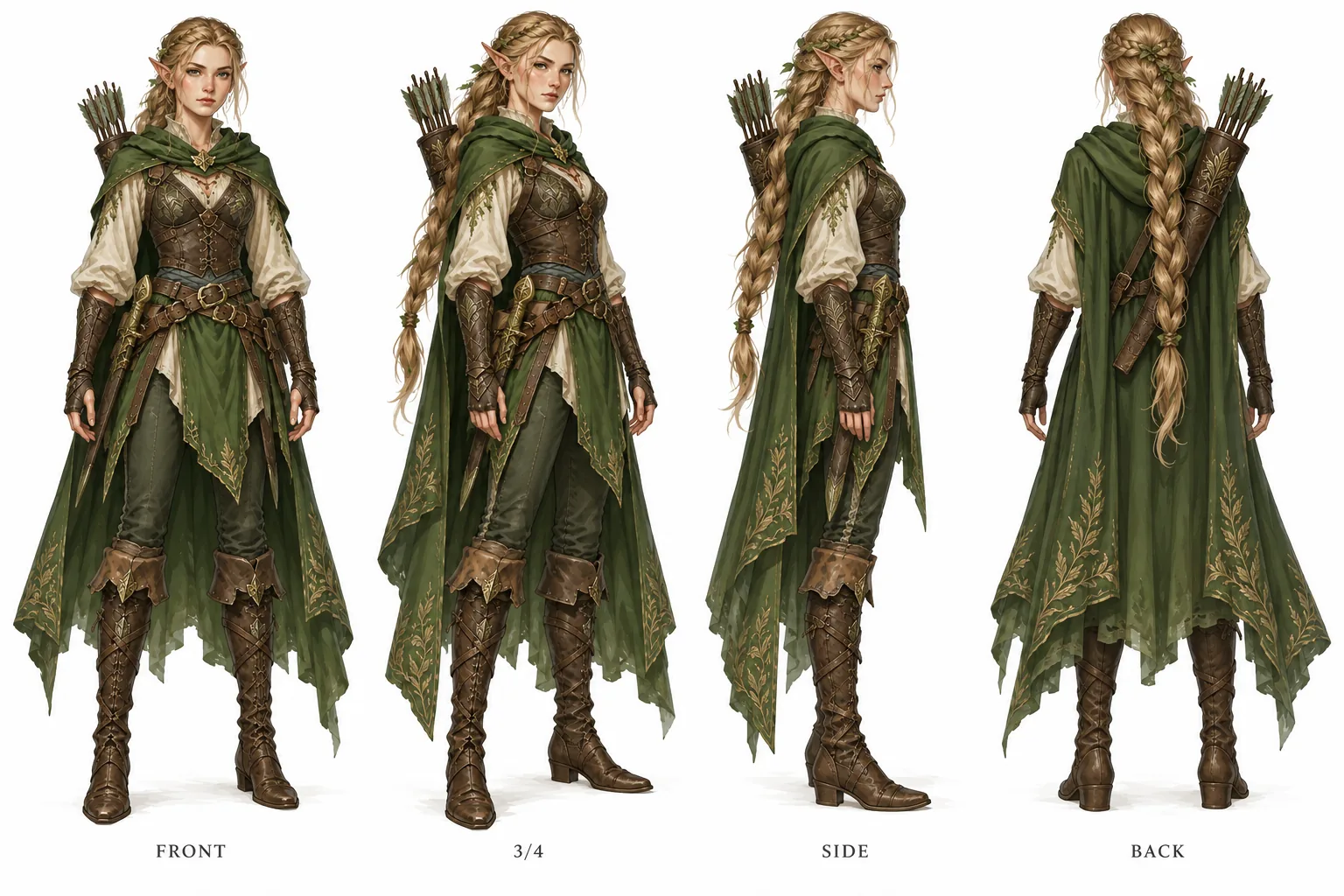 Elf archer character reference sheet in a painterly concept art style