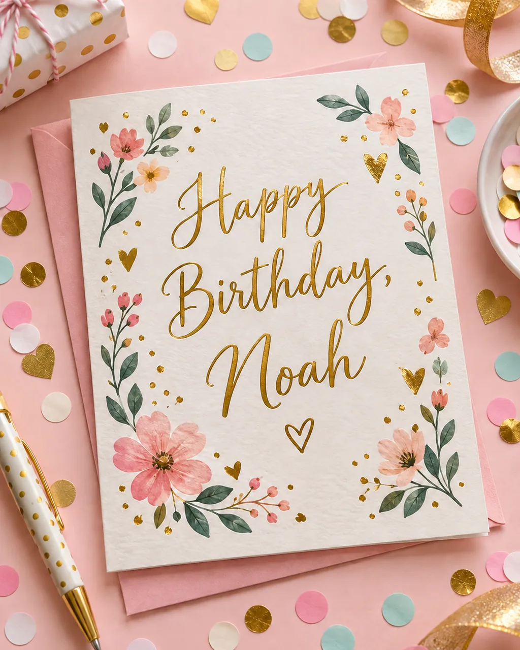 Birthday card photo after editing the name in the gold script