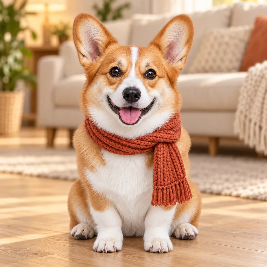 Corgi in a living room before the background was made transparent